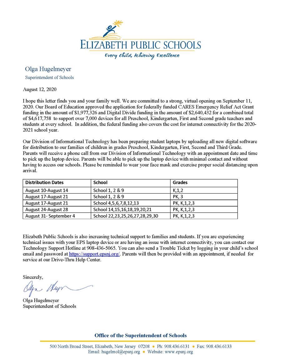 8-12-20 Superintendent's Technology Letter to Parents- 